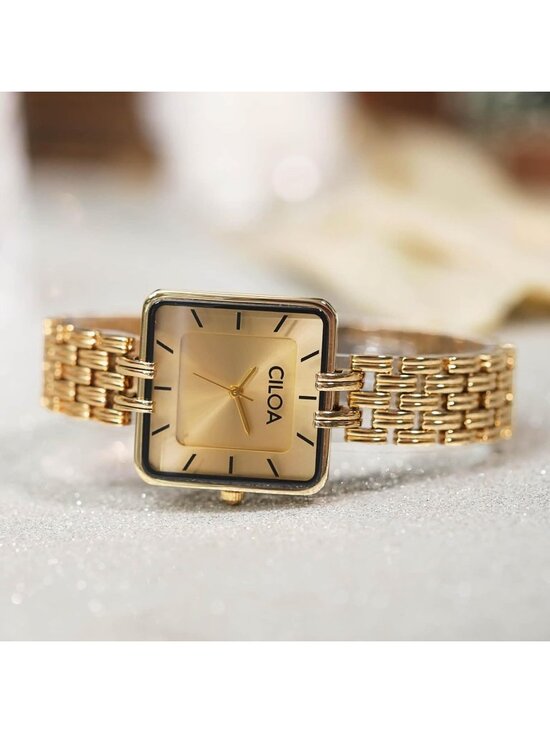 Women\'s Gold-Steel Strap Classic Casual Fashion Square Dial Cute Wrist Watch